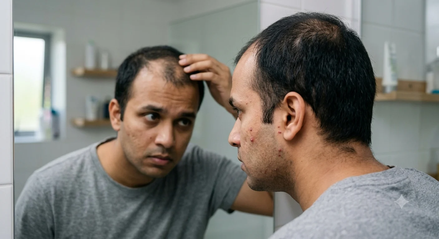 Man examining thinning hair and receding hairline in bathroom mirror before hair fall treatment-mandsaur-dr.tanvar-clinic-mandsaur