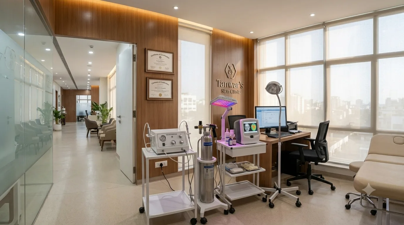 Doctor's consultation room and treatment area with medical equipment at mandsaur Tanwar's Skin Clinic.